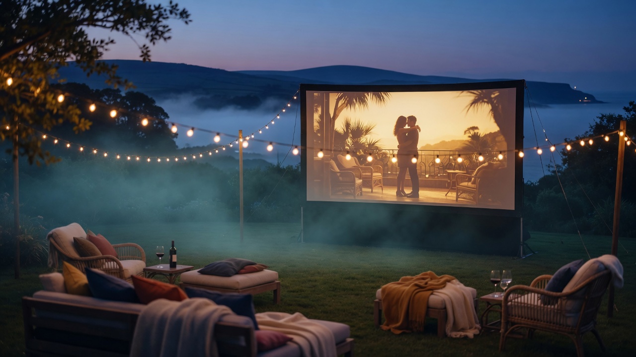 Garden cinema at dusk with a massive glowing screen